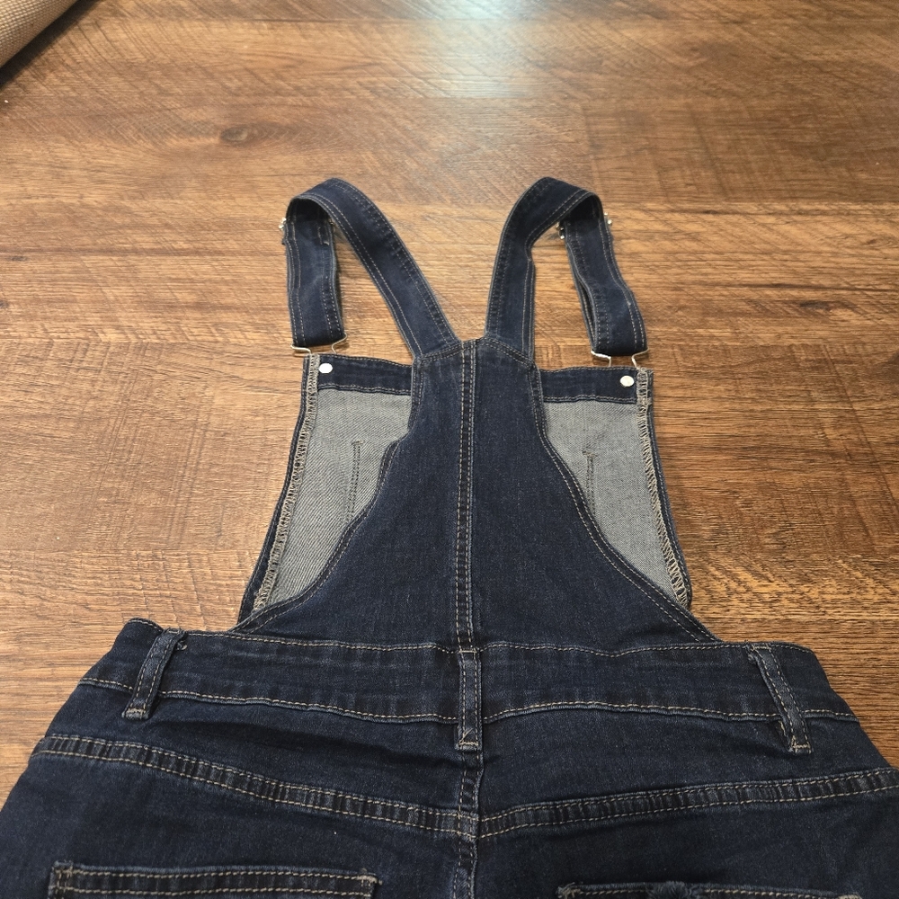 Denim Overalls Jeans Distressed Raw Hem Bootcut Dark Wash Cotton Stretch Farm S - Picture 9 of 13